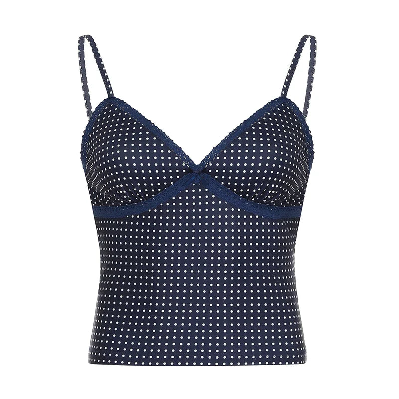 Y2K Polka Dot Crop Top Casual Lace Stitching Sleeveless Skinny Strap Tops Women Basic Camisole Streetwear Tees Aesthetic