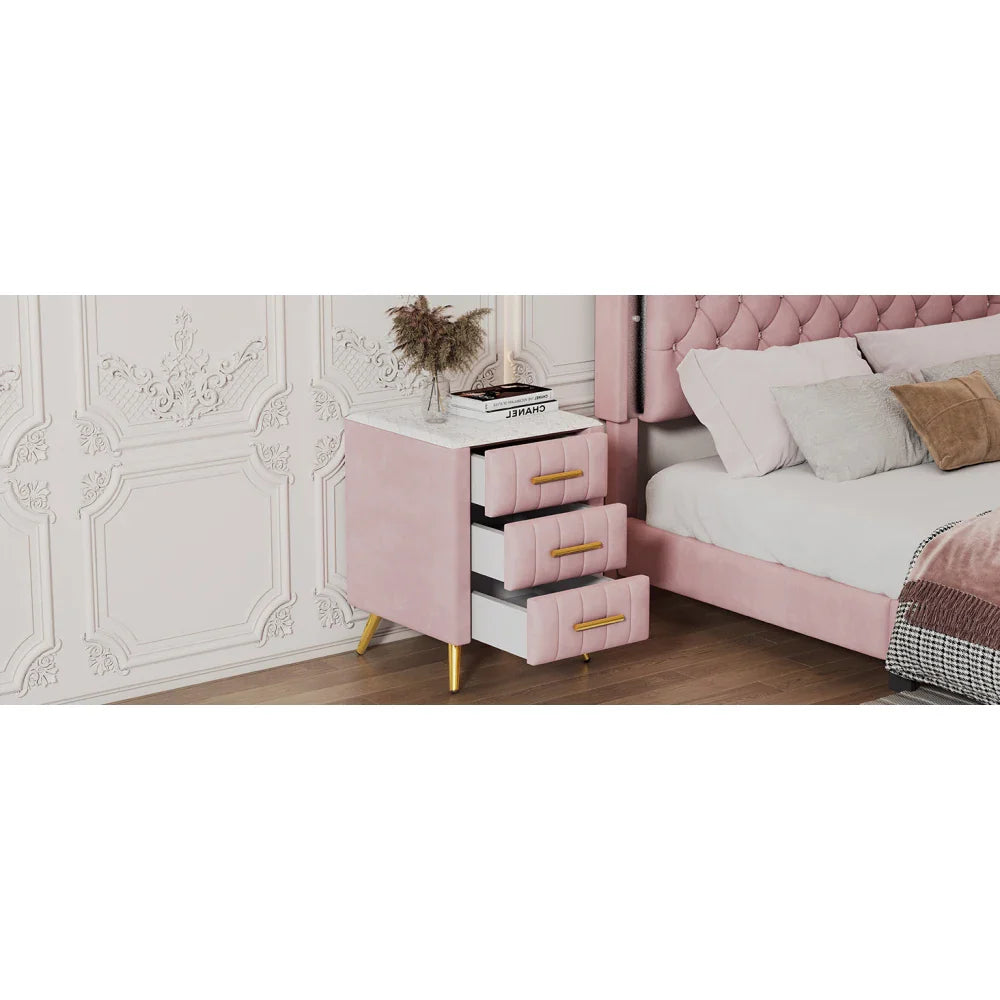 Pink 2 Pieces Bedroom Sets Queen Size Upholstered Bed Frame, Modern Corduroy Storage Ottoman