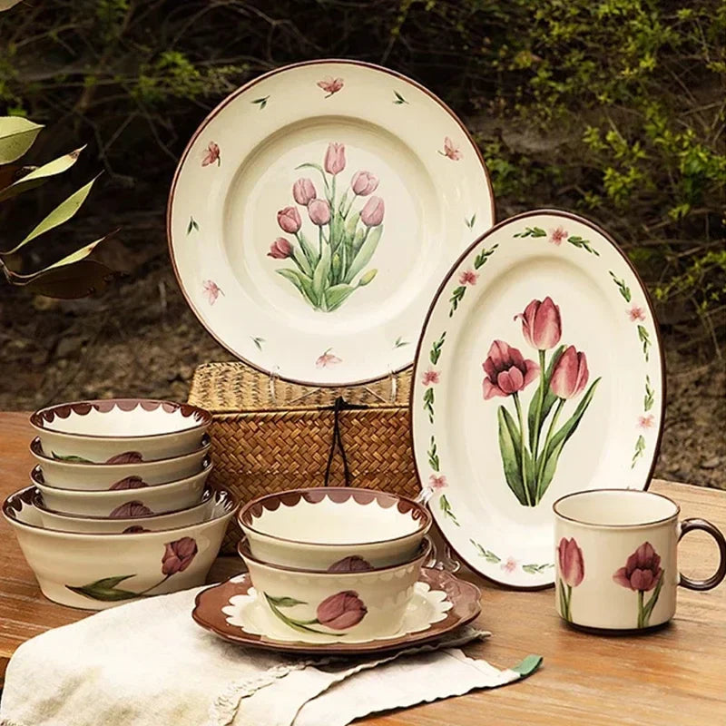 Retro Tulips Flower Ceramic Light Luxury Exquisite Dessert Plate