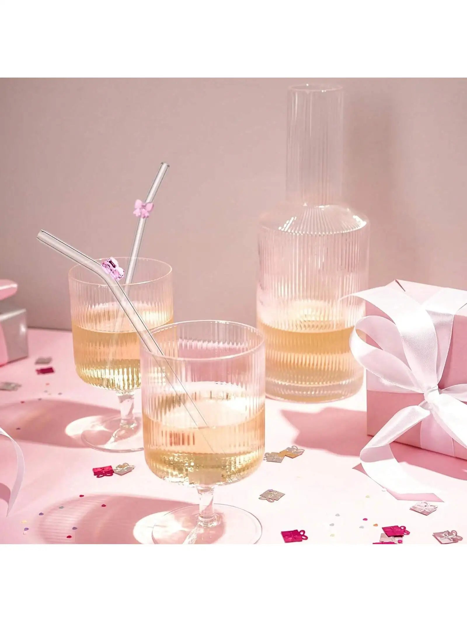 Reusable Cute Bow Glass Straws with  Cleaning Brush