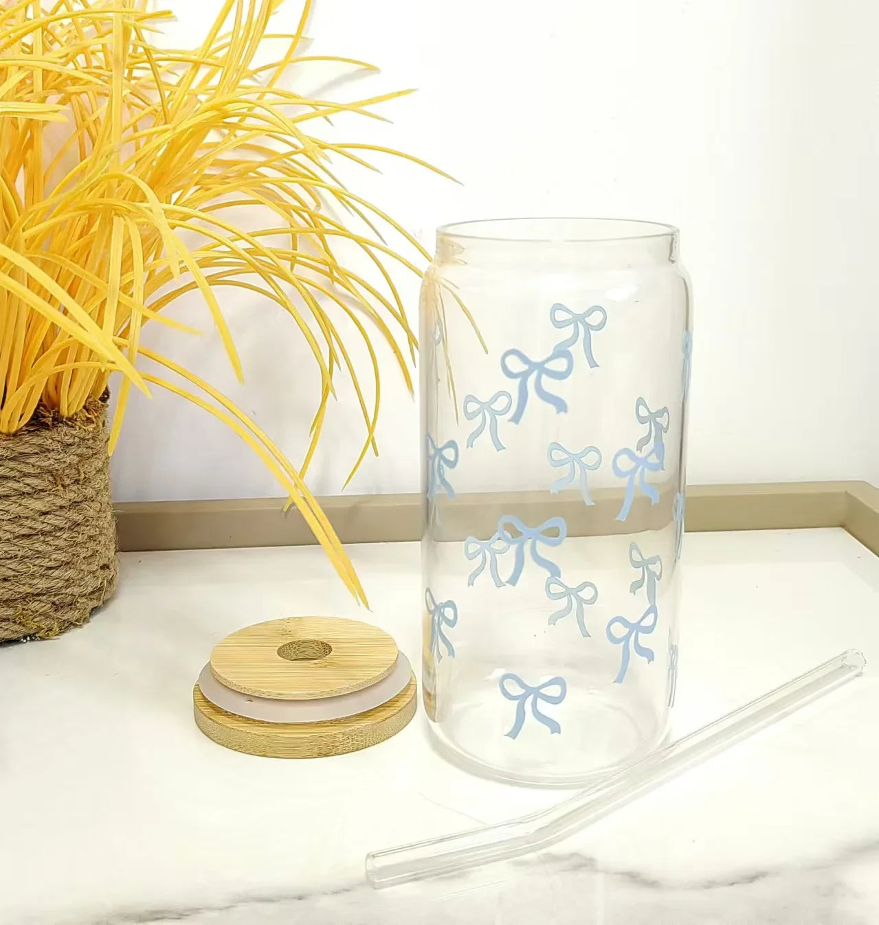 Cute Bow Glass Cup Tumbler Mason Jar Shaped With Lids & Straw