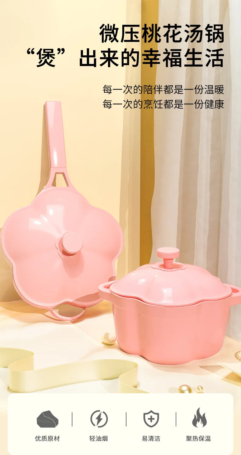 Pink Enamel Dutch Oven Non-Stick Pot Romantic Aesthetic Cooking Enameled Cast Iron Cookware Kitchen