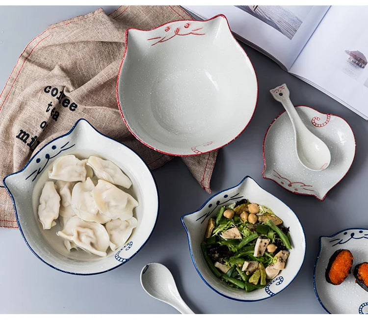 Cartoon Cat Bowl Ceramic Noodle Ramen Bowl Blue Red Kitty Bowl 6.3 inch