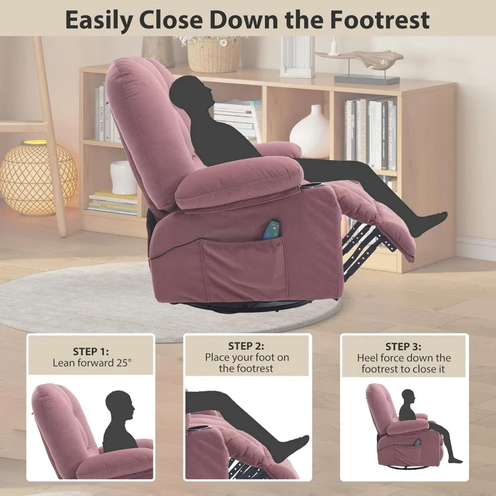 Recliner Chairs for Adults, Rocker Recliners with Massage and Heat, Overstuffed Fabric Swivel Glider with Cup Holder Side