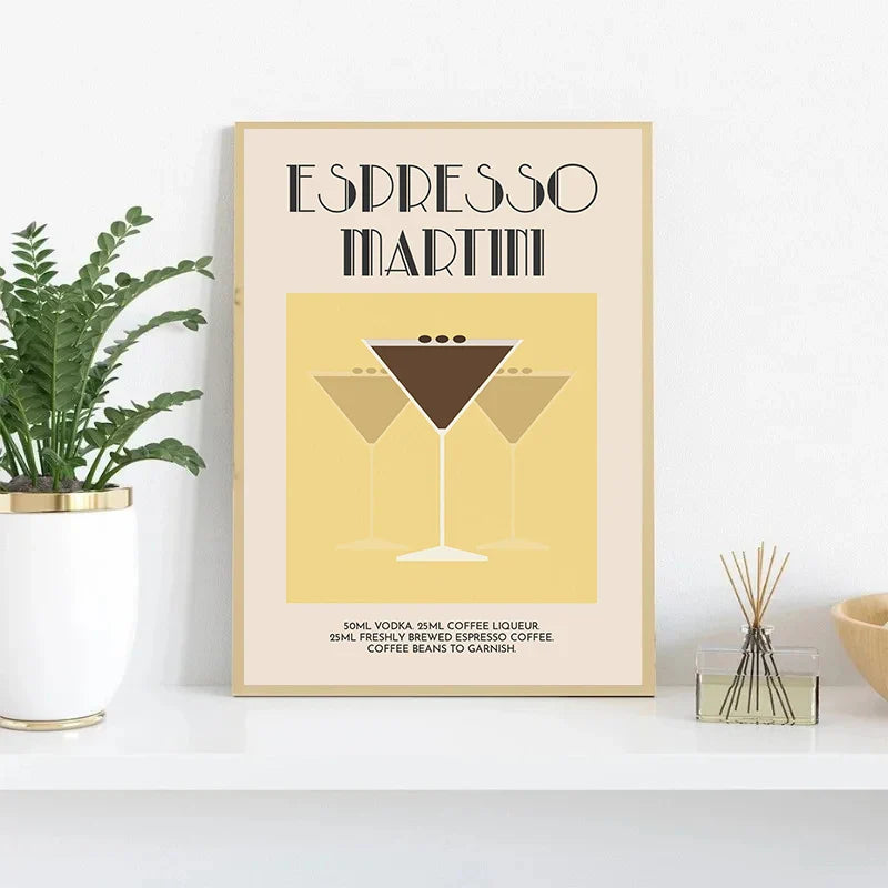 Retro Cocktail Alcohol Drink Poster Aperol Spritz Espresso Martini Canvas Printing Wall Art Vintage Bar Recipe Kitchen Decor