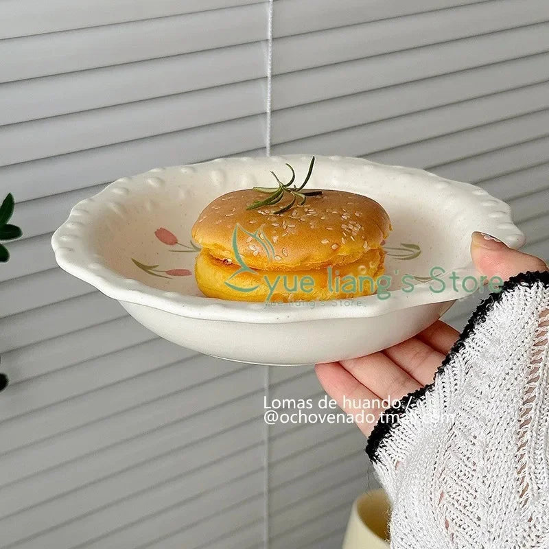 Tulip Wave Bead Point Plate, French Vintage Lace Underglaze Delicate  Dinner Entree Plate