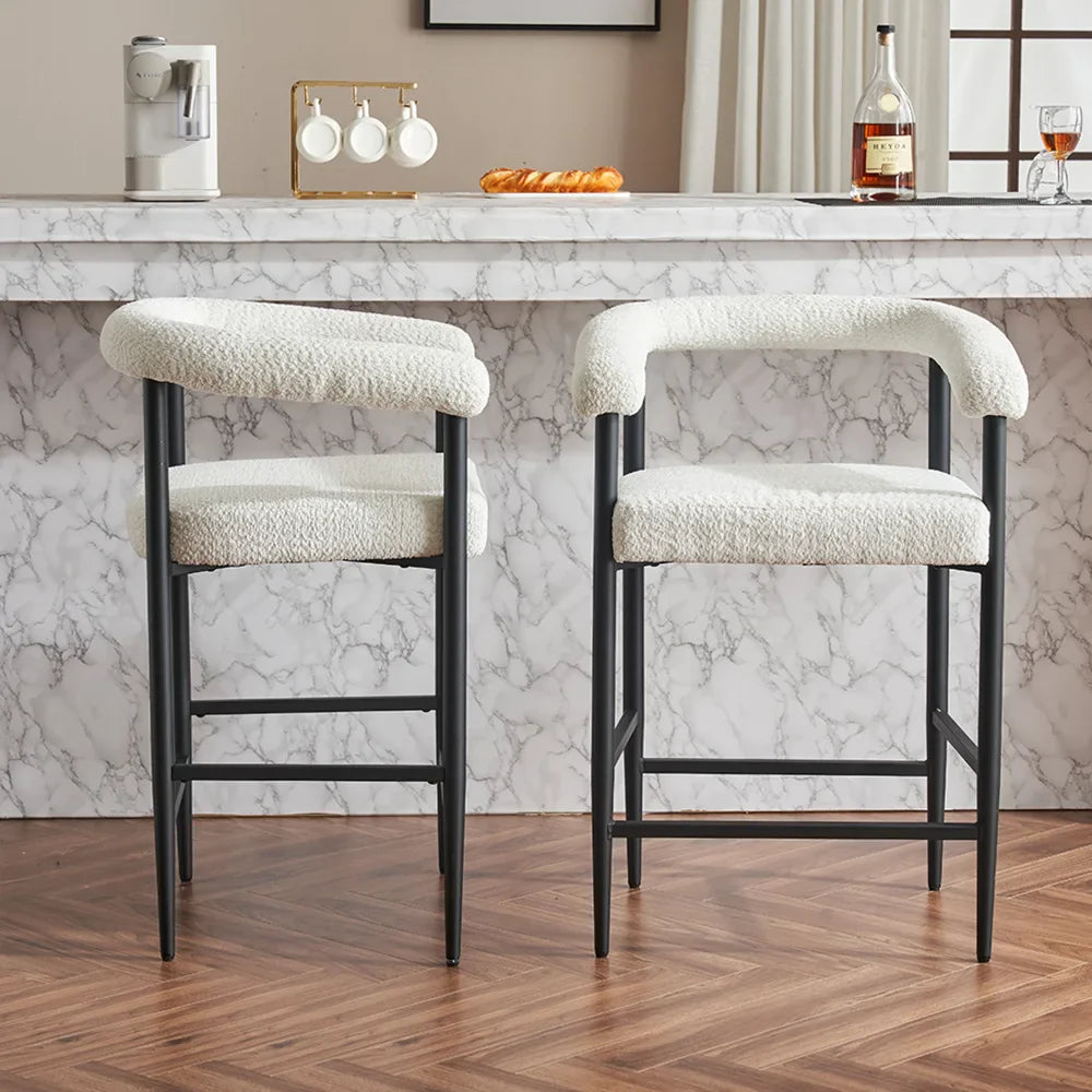 Modern Upholstered Bar Stools Set of 2, Boucle Fabric Counter Height Chairs, Kitchen Island Bar Chairs for Home, Dining Room