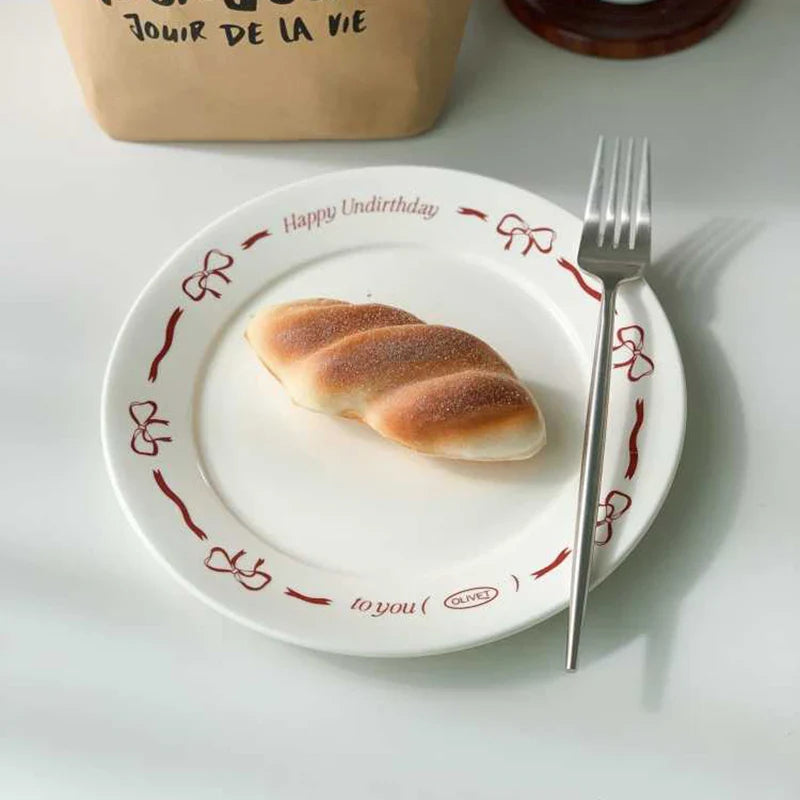 Pink Bow Ceramic Dessert Plate French Vintage Hand-painted Dish