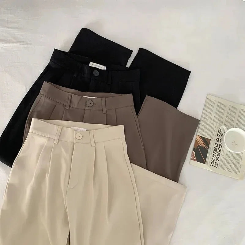High Waist Women Suit Pants Fall Straight Office Ladies Fashion Trousers Casual Button Loose