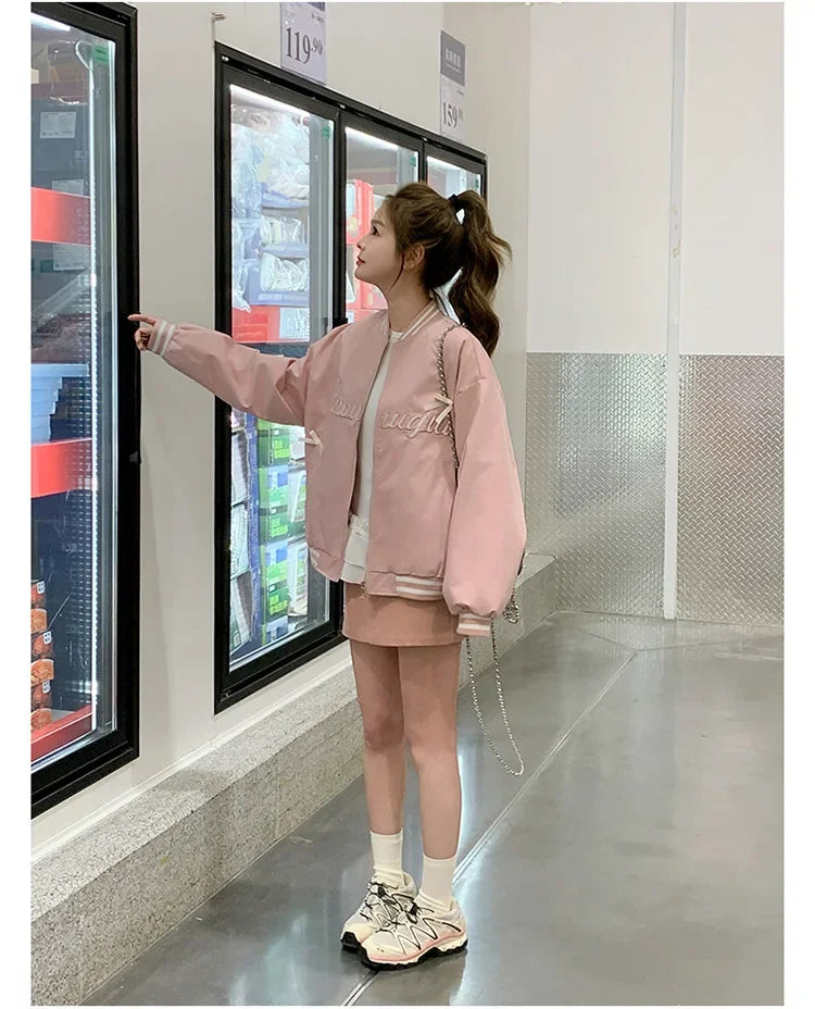 Sweet Butterfly Knot Pink Baseball Jacket Women's Spring Autumn Casual Loose Fit round Neck Full Sleeve Fashionable Coat