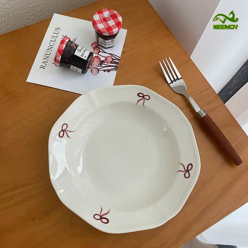 Vintage Red Bow Plate Deep Plate Underglaze Colored Ceramic Tableware Dishes