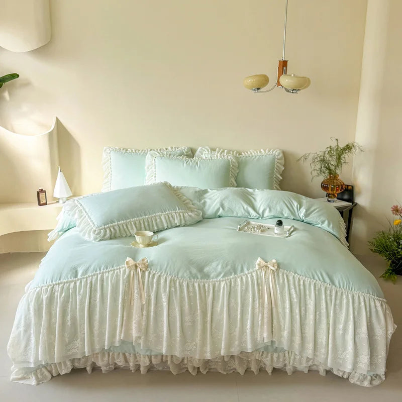 Princess Lace Bow Bedding Set Sweet Girl Chiffon Ruffles Duvet Cover Bed Sheet Pillowcase