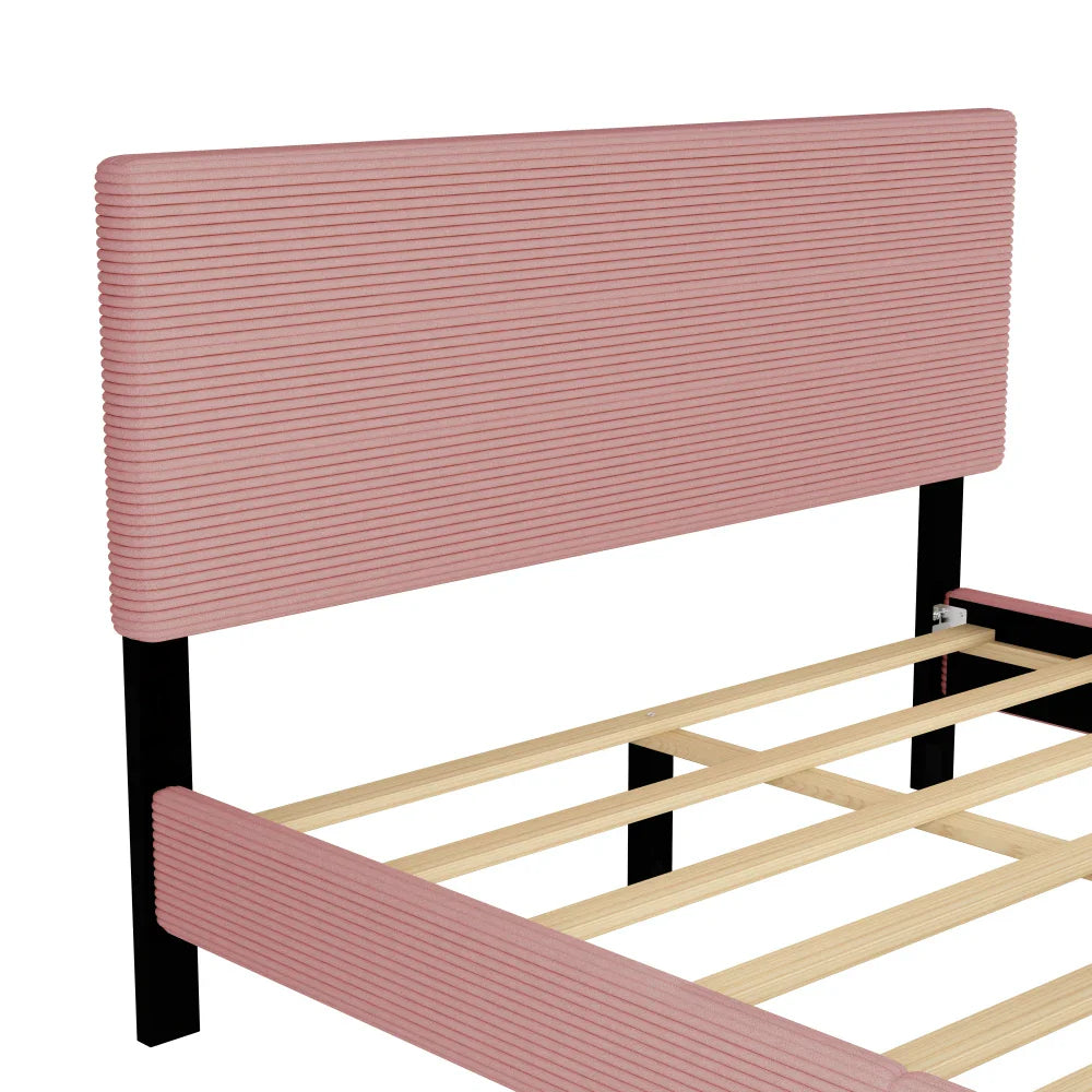 Pink 2 Pieces Bedroom Sets Queen Size Upholstered Bed Frame, Modern Corduroy Storage Ottoman