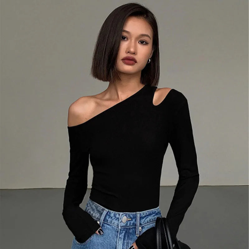 Skew Collar Off-shoulder Long-sleeved T-shirts Women Spring New Solid Slim Fit Crop Top Sexy Hollow Out Tees Shirts