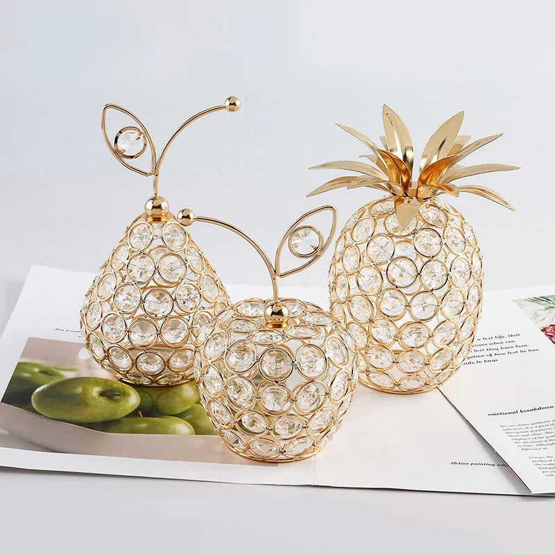 Creative New 3D Crystal Apple Ornaments Gold Shiny Bling Rhinestone Pineapple Shape Snow Pear Crafts Tabletop Decoration Gifts