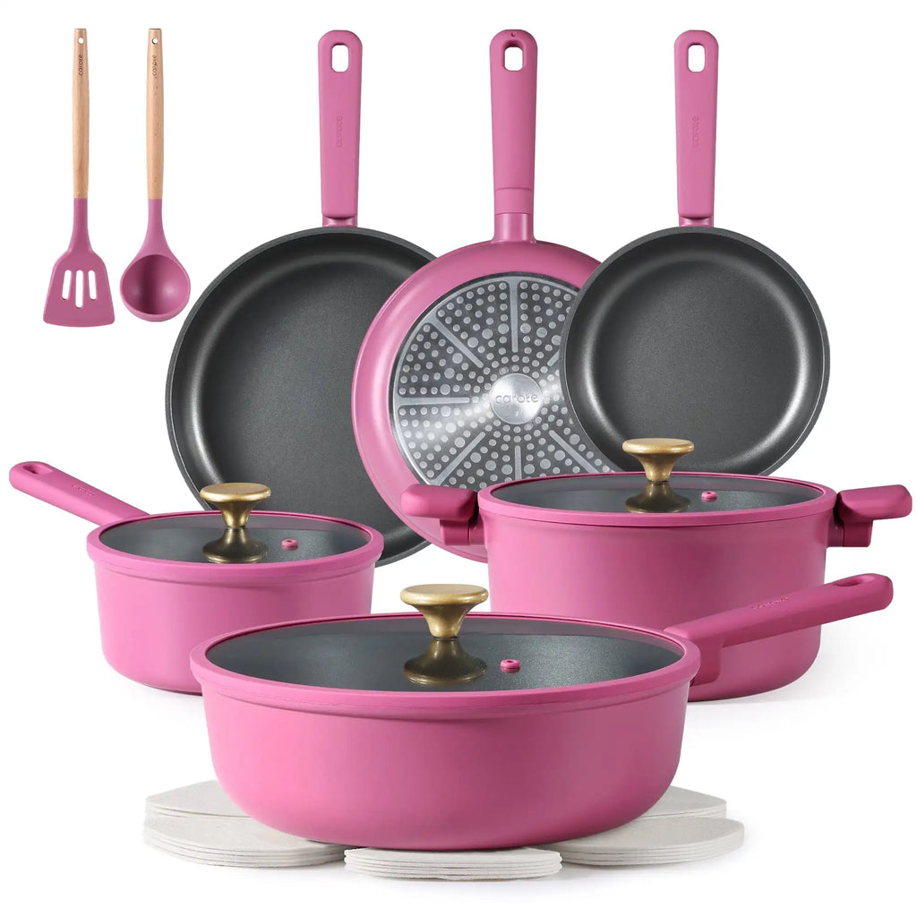 Rose Pink Kitchen Cookware Sets, Nonstick Pots and Pans Set, Induction Cookware, 16 Pcs