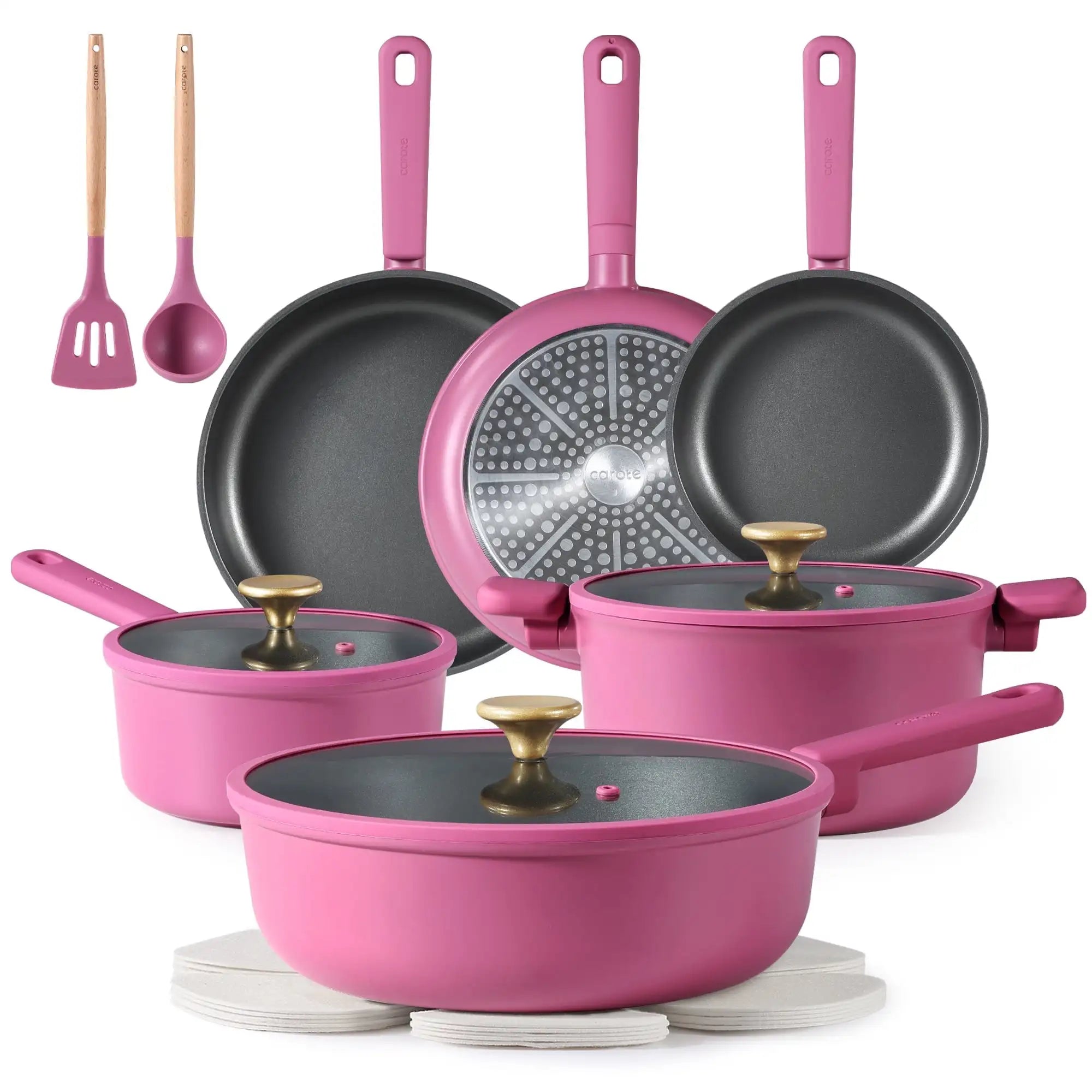 Rose Pink Kitchen Cookware Sets, Nonstick Pots and Pans Set, Induction Cookware, 16 Pcs