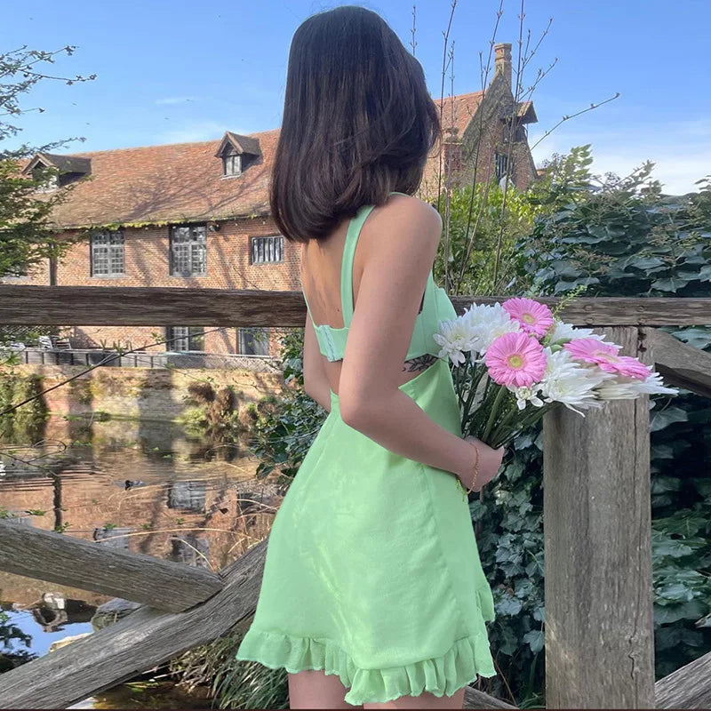 Solid Color Cutout Slim Sling Dress Sexy Backless Ruffle Dress Female