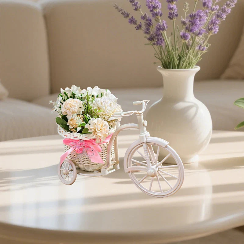 Plastic Flower Basket Vase Pink Tricycle Bicycle Model Home Garden Wedding Party Decor Romantic Cute Decor Figurines Miniatures