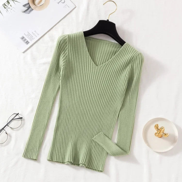 Women Sweaters Casual Long Sleeve Knitted V Neck Pullover Sweater Femme Basic Solid Jersey Tops Fashion Clothes