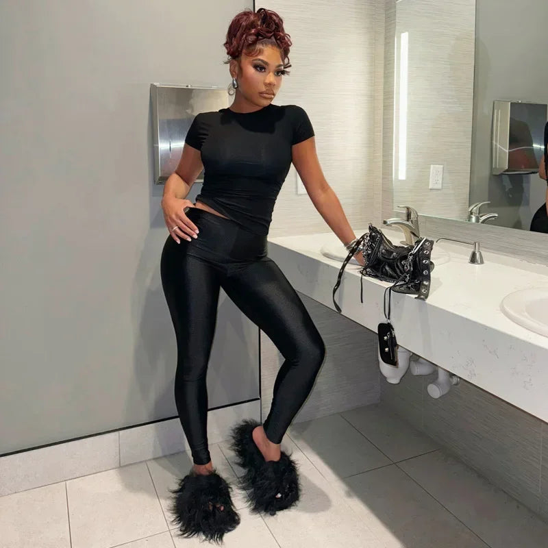 Casual Women 2 Piece Set Tracksuit Shorts Sleeve Crop Tops+Silky Leggings Matching