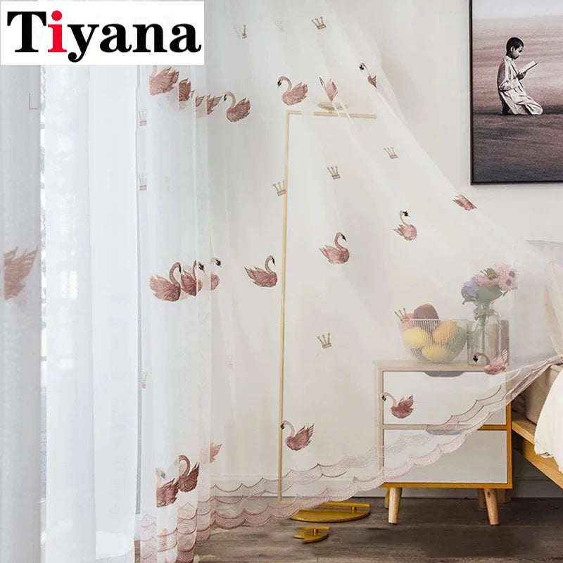 Pink Swan Embroidered Curtain, Sheer Tulle Curtains for Home Decoration Voile Drapes