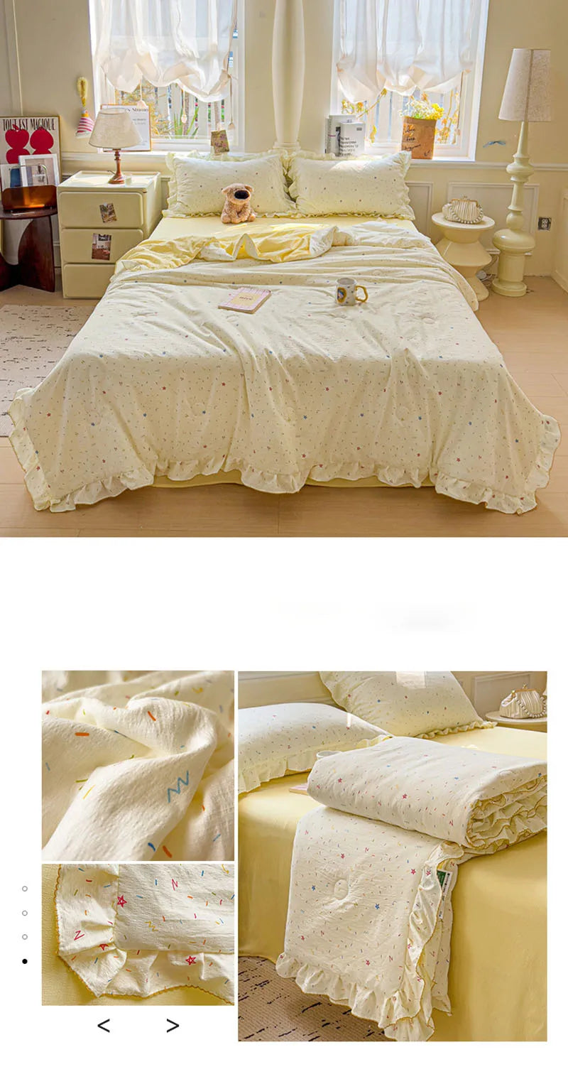 Korean Quilt with Lace and Ruffle Pure Cotton Patchwork Comforter for Summer Skin-Friendly Breathable Cooling Blanket for Home