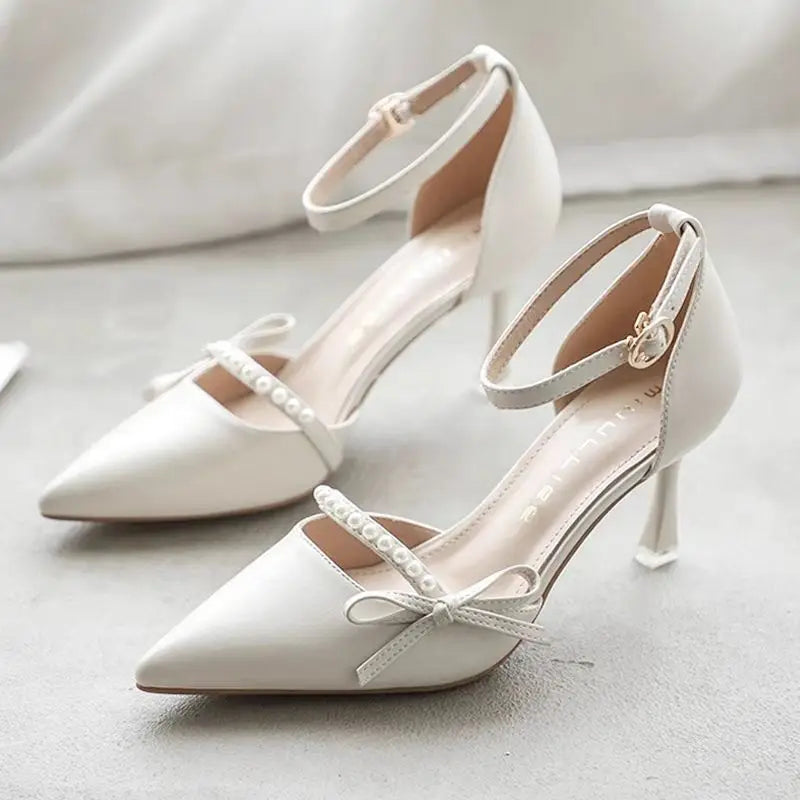 Women Pearl Pumps Heeled Pointed Toe with Side Bowknot