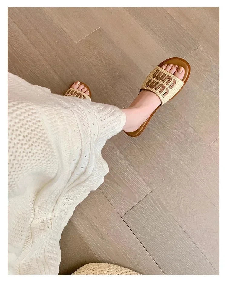 Vintage Woven Women's Sandals Fashion Letter Woven Flat Slippers