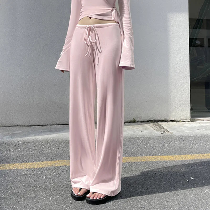 Fashion Drawstring High Waist Trousers Set Lace Up Flared Sleeve V Neck Twist Tops Plush Loose Pants Suit