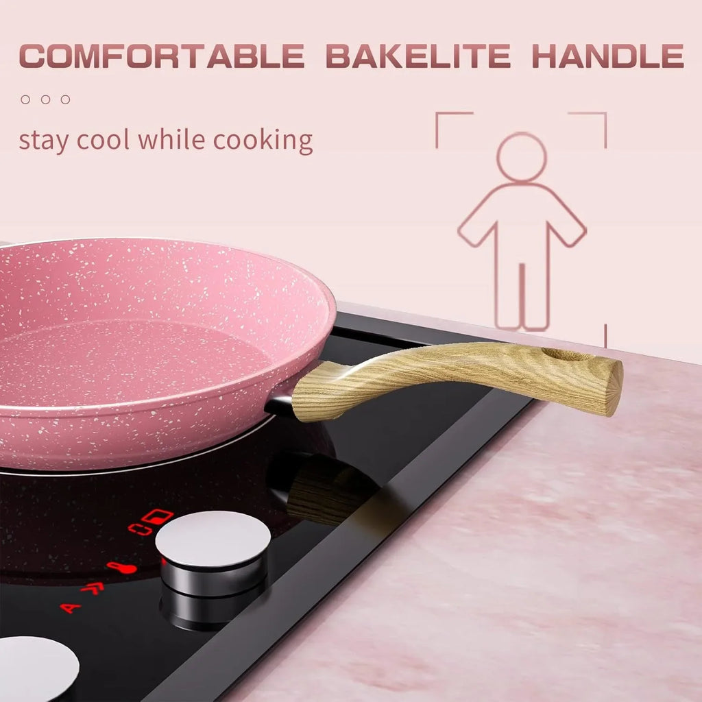 Non-stick Frying Pan Set, 8-inch, 9.5-inch, and 11 inch pink egg pans, anti warping base, compatible with induction