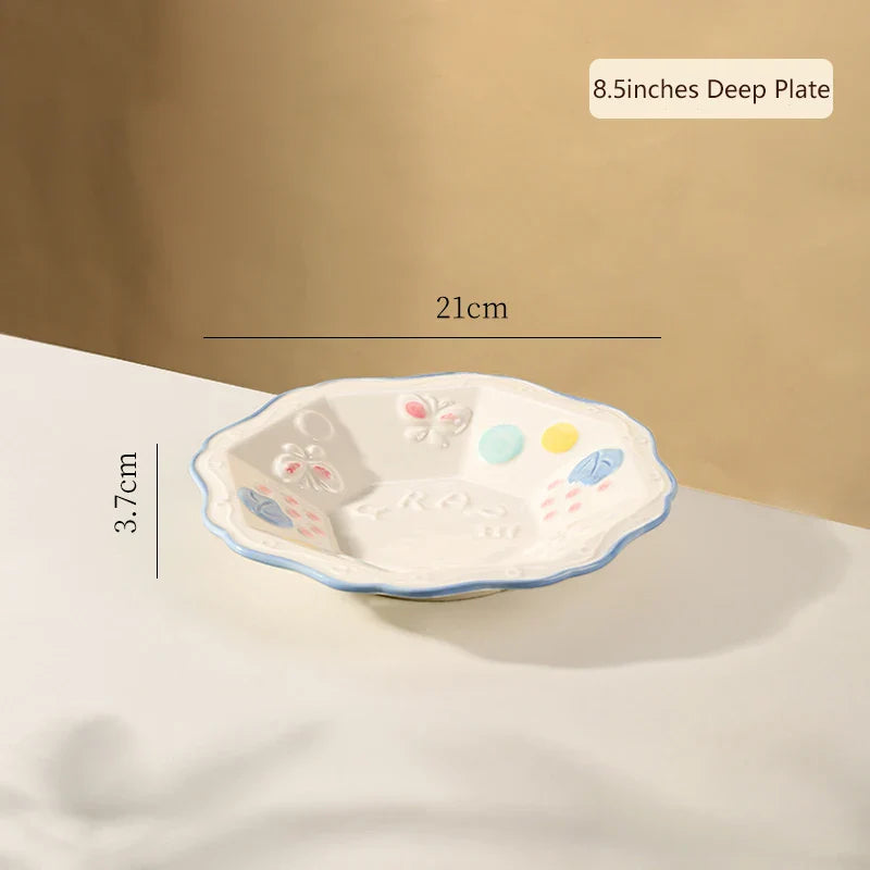 Cute Pattern Ceramic Plates Print Round Deep Tableware