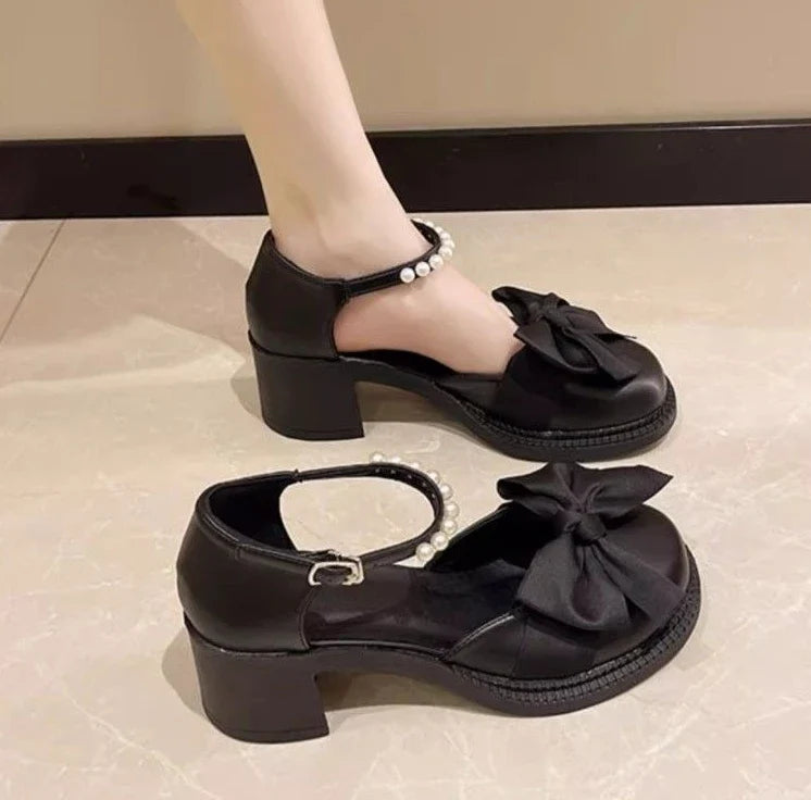 Ladies Luxury Bow Pearl With Medium Heels Mary Jane Shoes