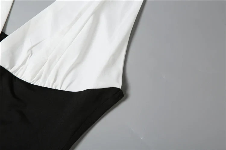 Contrast Patchwork Women Halter Low-Neck Backless Ruched Ruffles Hem Elegant Long Body-con Dress