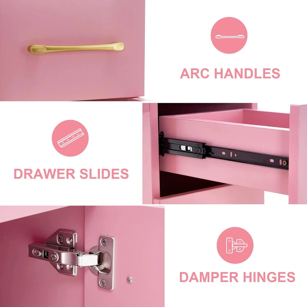 Pink Manicure Table with Drawers, Acetone Resistant Nail Desk, Spa Salon Storage Equipment