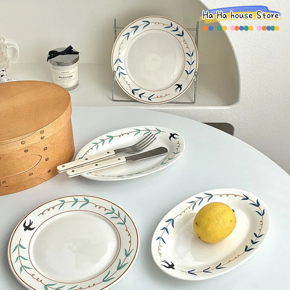 Gold Rim Leaf Pattern Round Serving Dishes Porcelain Kitchen Tableware