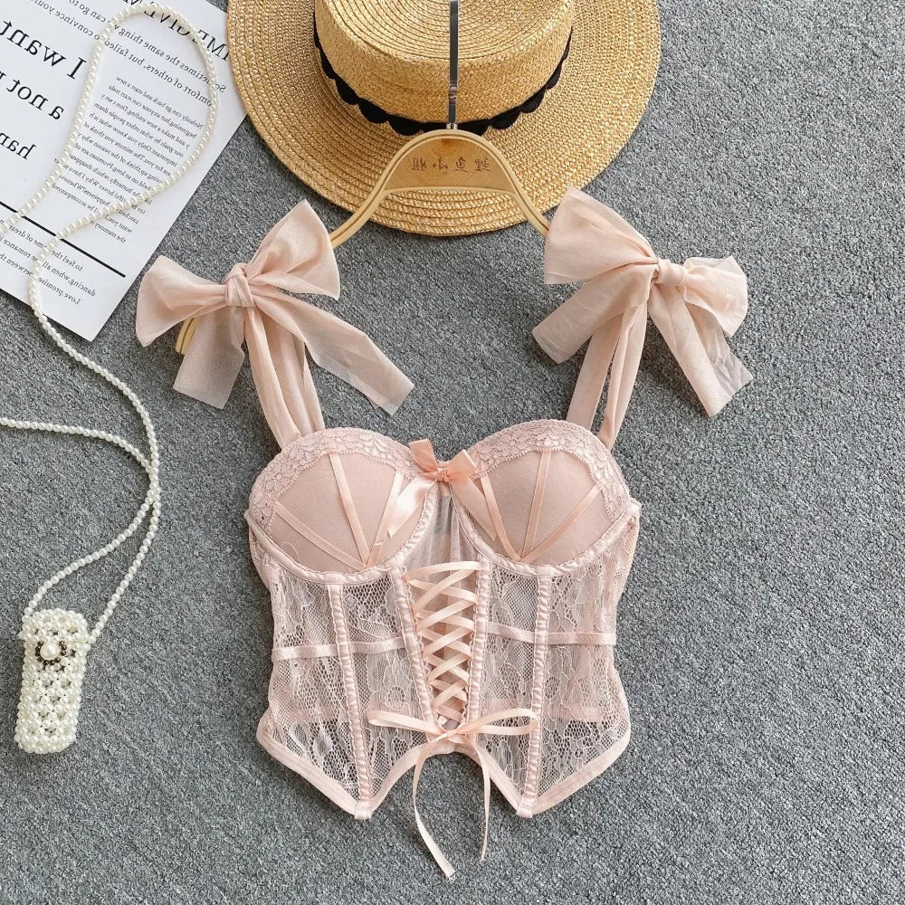 Spaghetti Strap Tank Top for Women Strapless Build in Bra Lace Patchwrok Tulle Bow Camis Summer Casual Female Camisoles