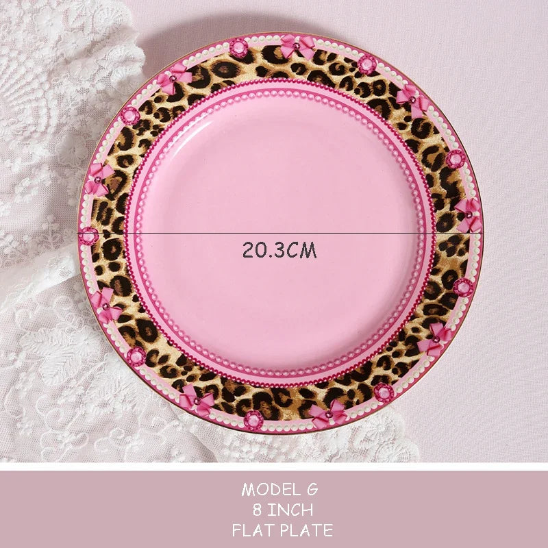 Pink Heart Shaped Dining Plate, Breakfast Tray, Ceramic Lace, Leopard Pattern Tableware, Afternoon Tea Salad Dessert