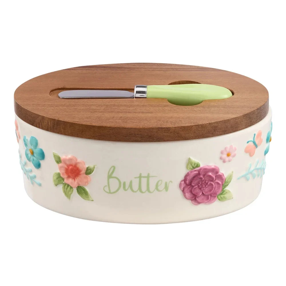 Painted Meadow Butter Dish Set Acacia Wood Lid Metal Serving Knife Floral Embossed Stoneware Butter Storage Handcrafted