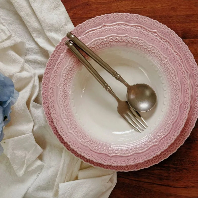 Pink Ceramic Plate French Underglaze Colored Plate Dinner Set Plates and Dishes