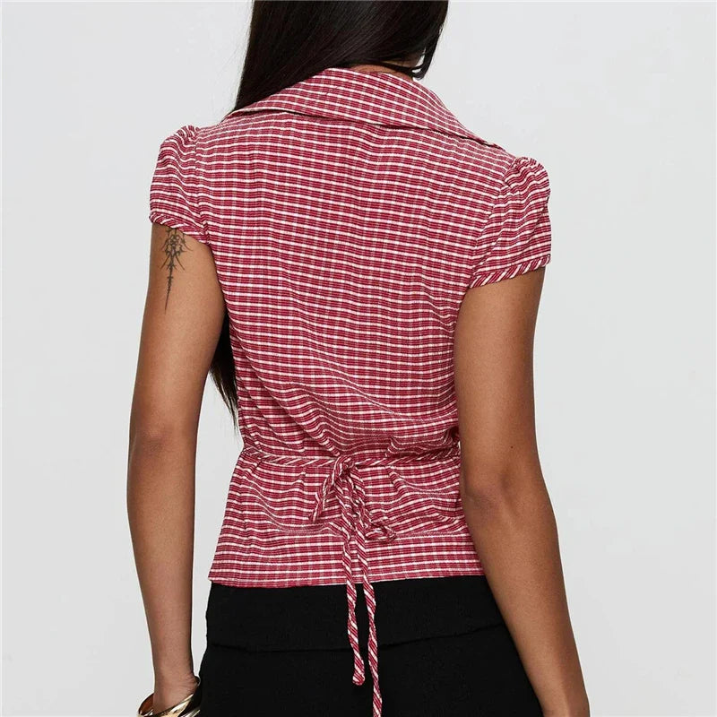 Women's Summer Retro Casual Plaid Short Sleeve Top Fashion Trim Top Summer Fashion Slim Fit Shirt Blouse Streetwear