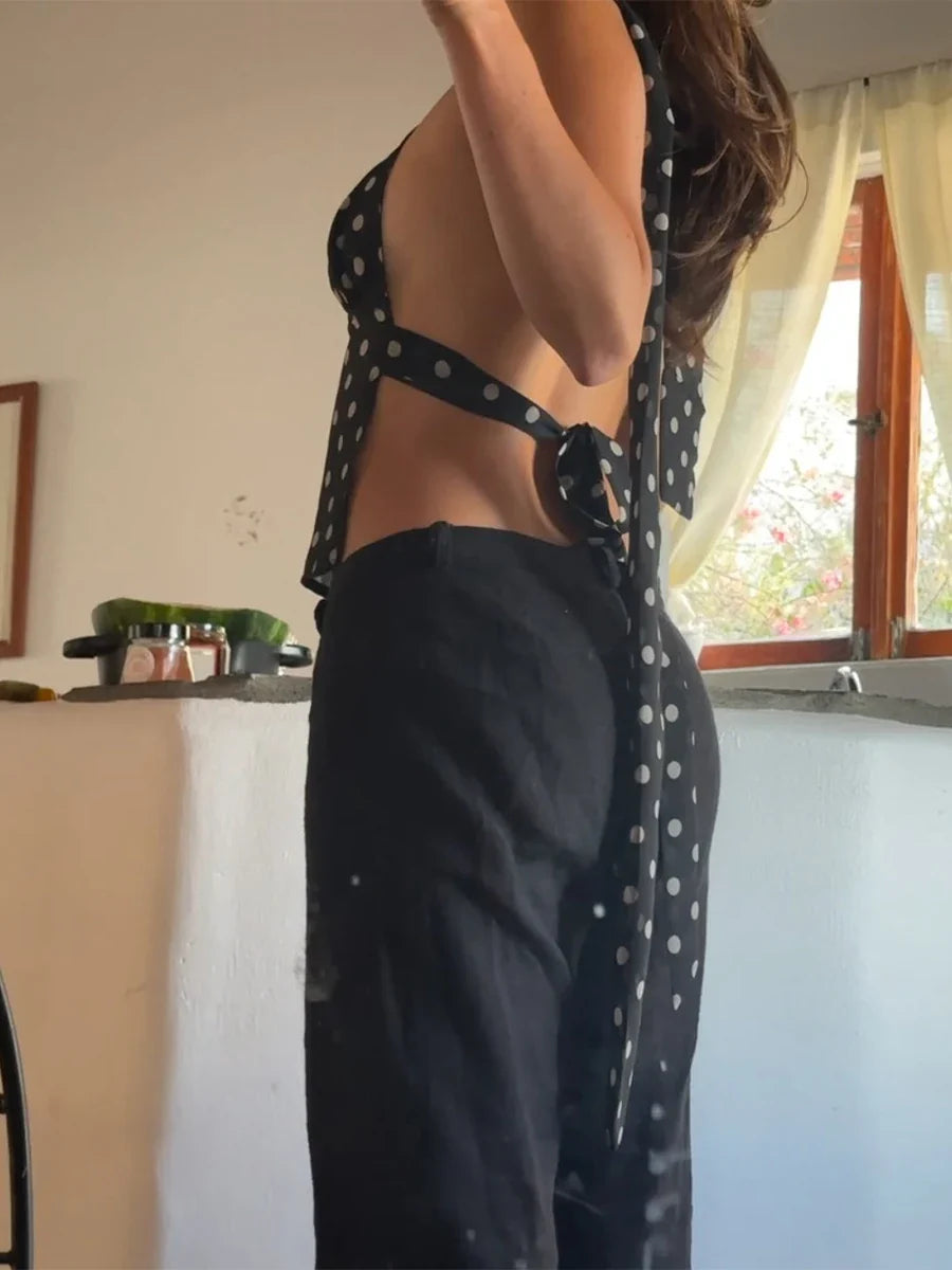 Women Sexy Camisole Top Sleeveless Backless V-Neck Polka Dot Print Tank Top Y2k Coquette Halter Neck Cami Crop Top