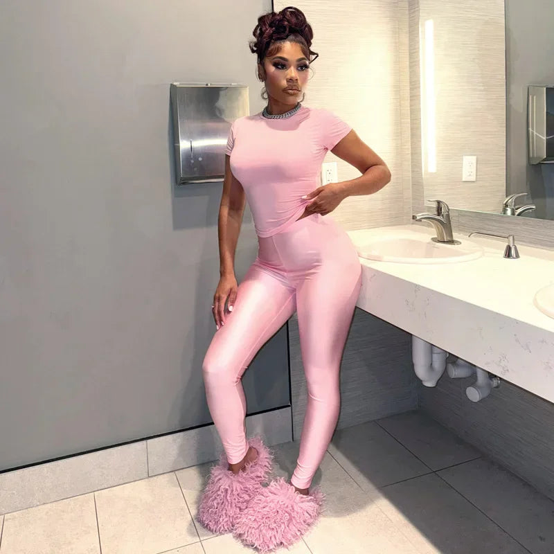 Casual Women 2 Piece Set Tracksuit Shorts Sleeve Crop Tops+Silky Leggings Matching