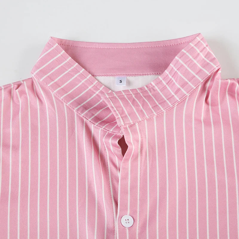 Stripe Short Sleeve Shirts For Women Button Up Turn Down Collar Slim Simple Casual Preppy Tops Basic Summer Tees