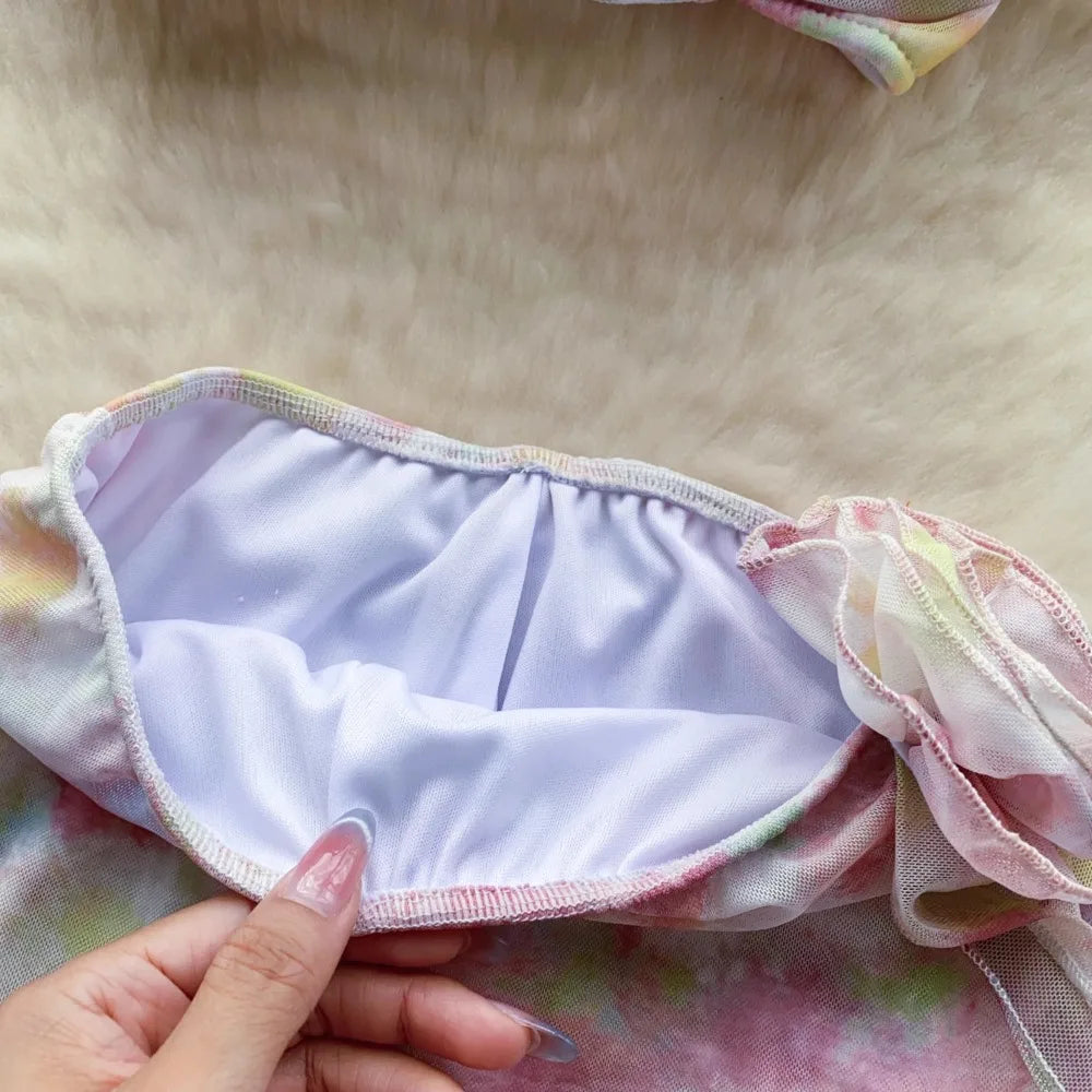 Flower Strapless Halter Tank Top and Split Ribbon Skirt Two Piece Set