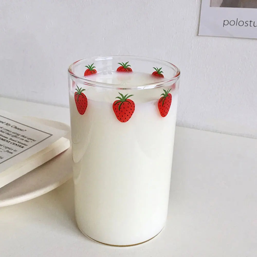 Strawberry Cute Glass Cup With Straw Creative Transparent Water Cup Student Milk Heat Resistant Glass 300ml