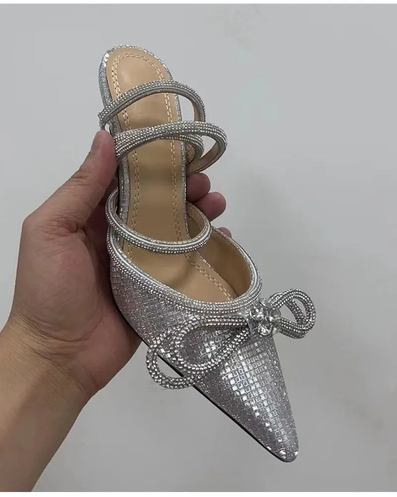 Glitter Crystal Women Pumps Sexy Ankle strap Rhinestones Bowknot High Heels