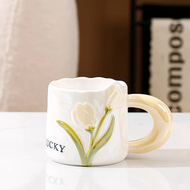 Creative Tulip Ceramic Cup with Handle Spoon Mugs