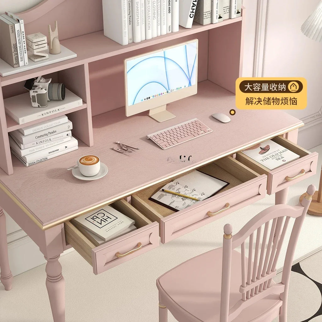 Minimalist Light Luxury Pink Writing Table with Bookshelf, Living Room Study Table and Chair Combination in Oak and Walnut.