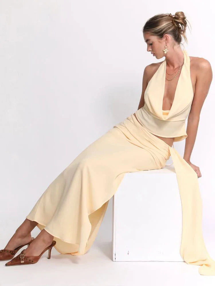 Women 3 Piece Set Stack Trend Halter Tops+Split Tassel Tassel+Flowers Mesh Skirts Matching Set